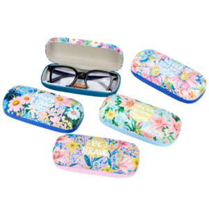 Personalized eyewear storage cases with bright flower motifs and positive affirmations, great for wholesale distribution.