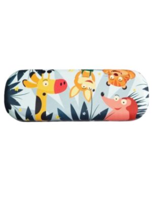 Front view of a hard shell glasses case featuring a colorful jungle animal illustration with a giraffe, tiger, kangaroo, and hedgehog, model 4B2 TG-3176.