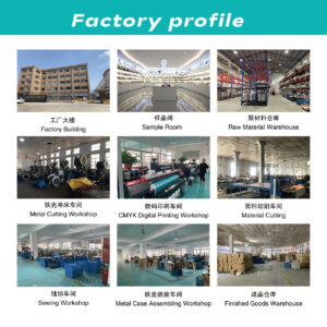 Factory profile of Blue Feather showing the eyewear case production line, including metal cutting, digital printing, sewing, and finished goods warehouse.
