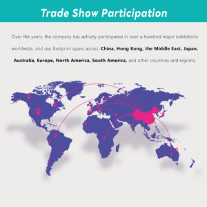 Global trade show participation map showing our presence in Hong Kong, Japan, Europe, and North America as a professional eyewear accessory manufacturer.