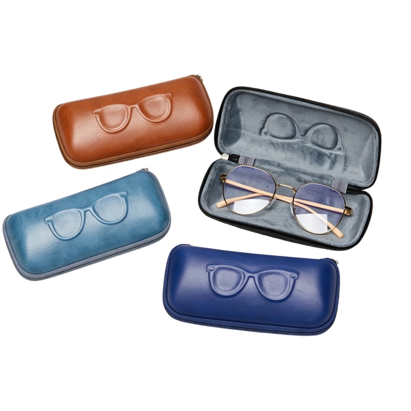Custom embossed PU leather EVA zipper eyeglass cases with protective hard shell and soft velvet lining for brand wholesale.