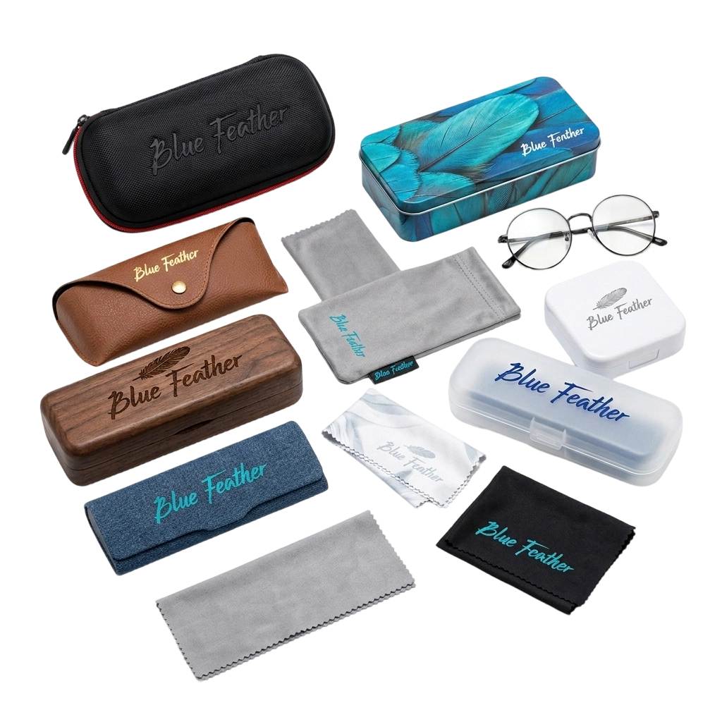 A collection of custom eyewear cases and microfiber cleaning cloths by Blue Feather, showcasing various styles including EVA zipper case, printed metal case, leather pouch, wooden box, and plastic cases on a clean white background.