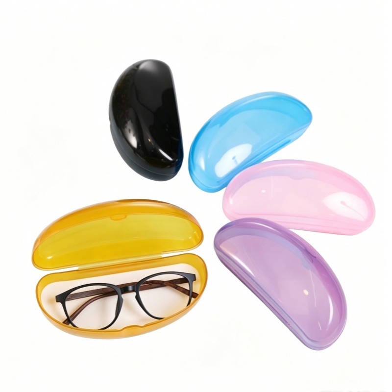 Custom multi-color translucent plastic eyeglass cases for reading glasses and student eyewear packaging wholesale.