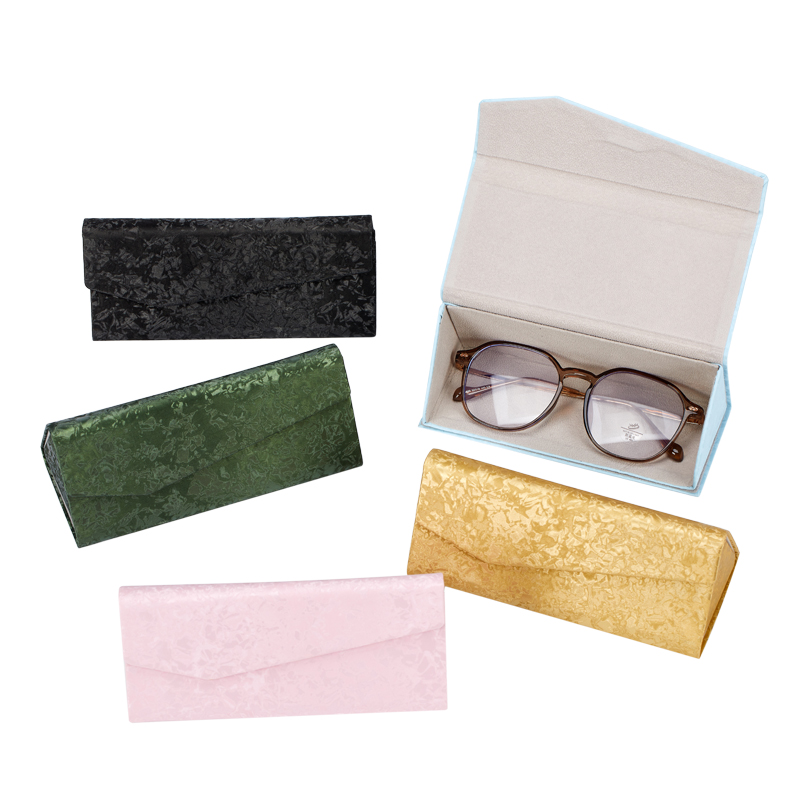 Custom triangle foldable eyeglass cases with textured PU leather, space-saving collapsible design for wholesale.